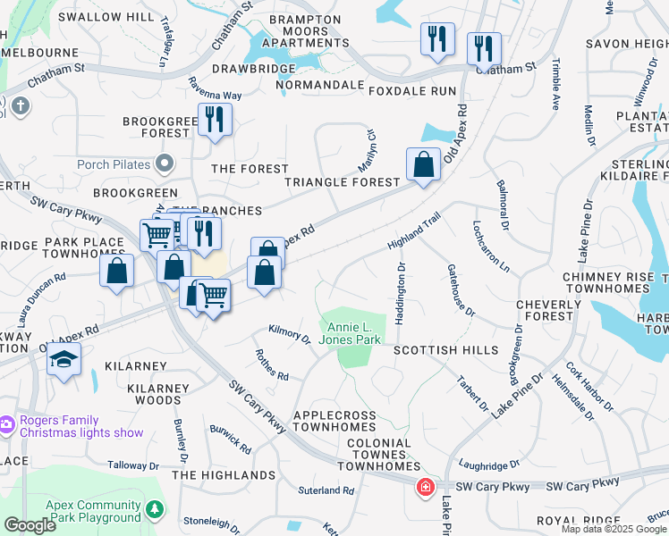 map of restaurants, bars, coffee shops, grocery stores, and more near 1410 Highland Trail in Cary