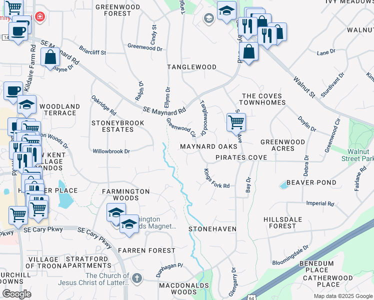 map of restaurants, bars, coffee shops, grocery stores, and more near 104 West Gerrell Court in Cary