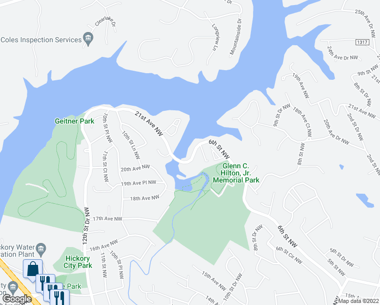 map of restaurants, bars, coffee shops, grocery stores, and more near 2200 6th Street Northwest in Hickory