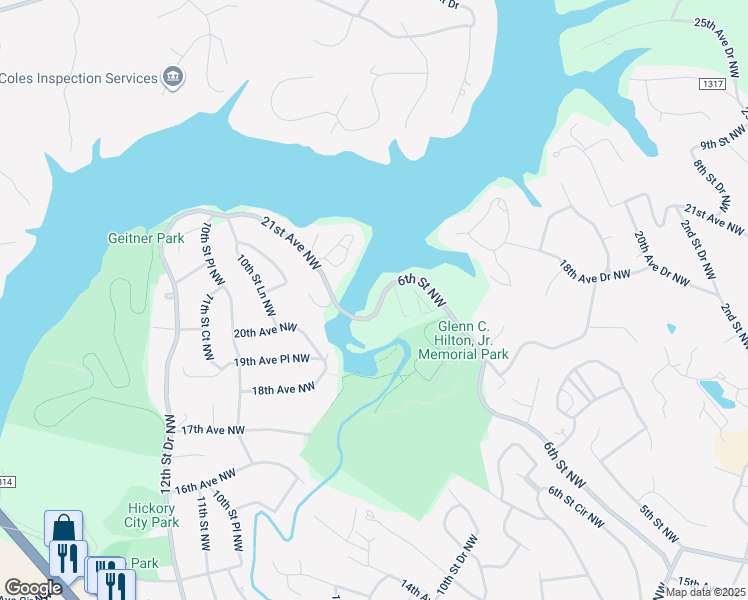 map of restaurants, bars, coffee shops, grocery stores, and more near 2200 6th Street Northwest in Hickory