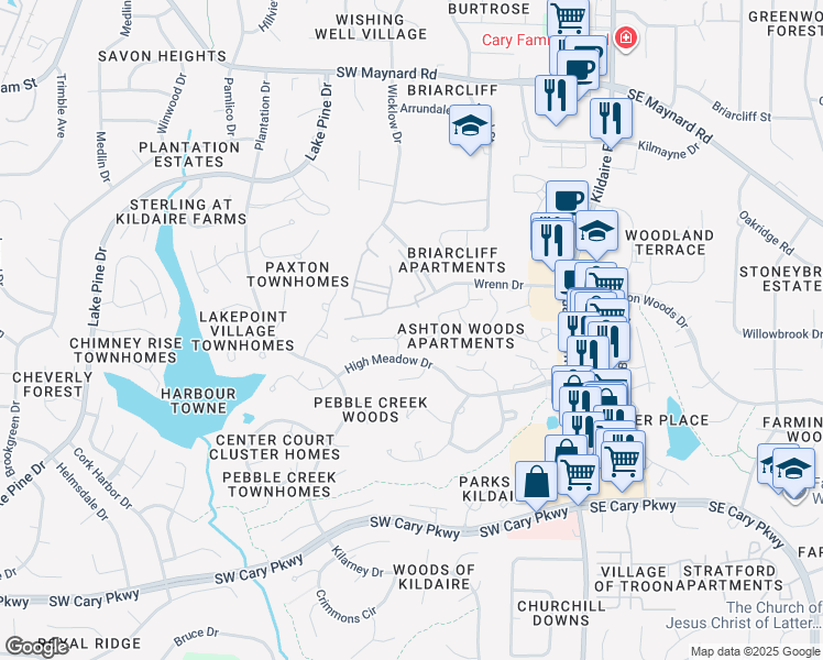 map of restaurants, bars, coffee shops, grocery stores, and more near 305 Dahlia Place in Cary