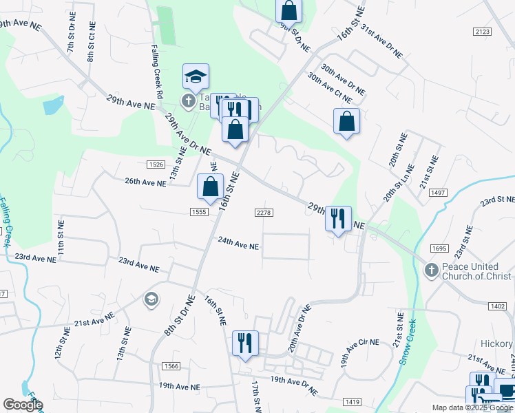 map of restaurants, bars, coffee shops, grocery stores, and more near 2531 17th Street Northeast in Hickory