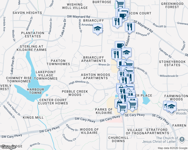 map of restaurants, bars, coffee shops, grocery stores, and more near in Cary