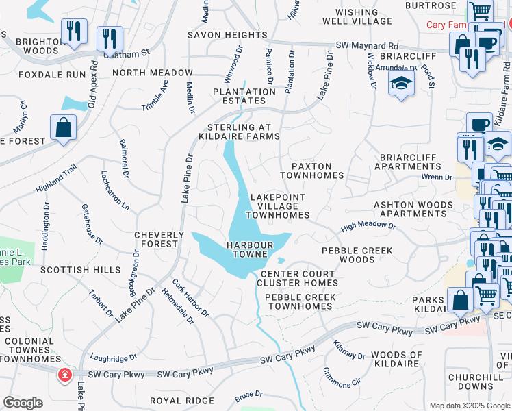 map of restaurants, bars, coffee shops, grocery stores, and more near 145 Spring Cove Drive in Cary