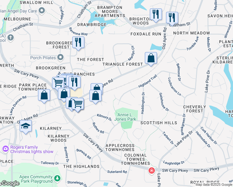 map of restaurants, bars, coffee shops, grocery stores, and more near 102 McCloud Court in Cary