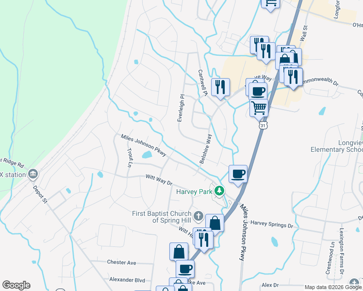 map of restaurants, bars, coffee shops, grocery stores, and more near 1009 Spruce Ridge Lane in Spring Hill