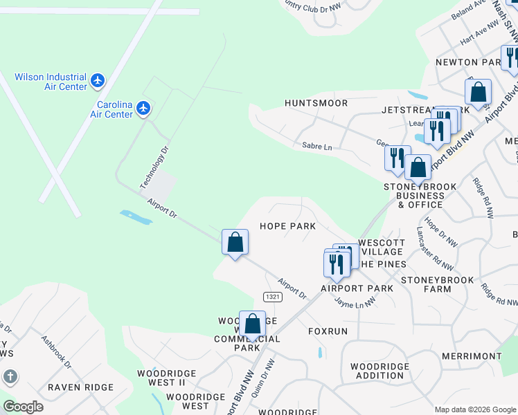 map of restaurants, bars, coffee shops, grocery stores, and more near 3818 Chase Road Northwest in Wilson