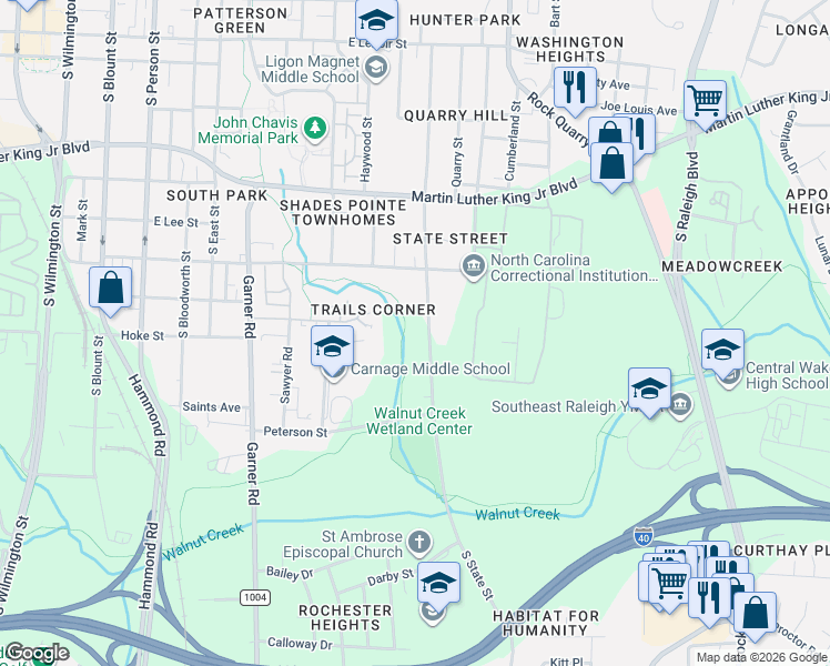 map of restaurants, bars, coffee shops, grocery stores, and more near 1304 South State Street in Raleigh