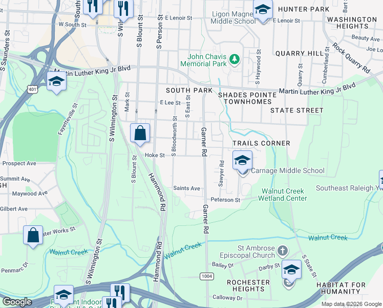 map of restaurants, bars, coffee shops, grocery stores, and more near 500 Hoke Street in Raleigh