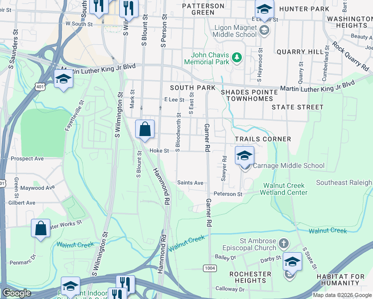 map of restaurants, bars, coffee shops, grocery stores, and more near 500 Hoke Street in Raleigh