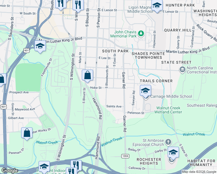 map of restaurants, bars, coffee shops, grocery stores, and more near 1404 South Bloodworth Street in Raleigh