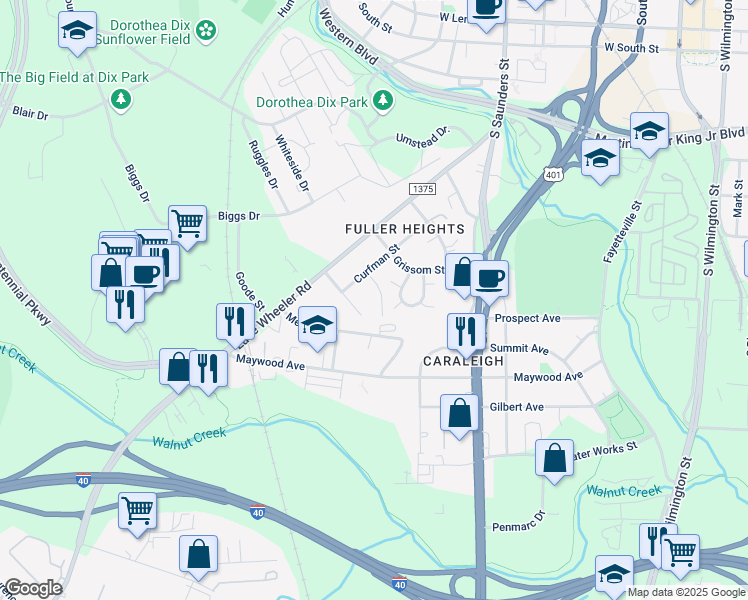 map of restaurants, bars, coffee shops, grocery stores, and more near 1251 Daladams Street in Raleigh