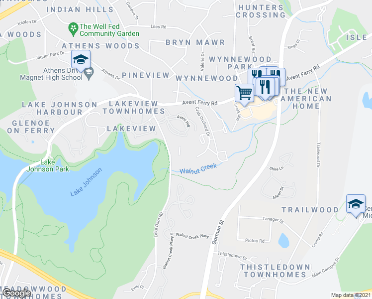 map of restaurants, bars, coffee shops, grocery stores, and more near 1221 University Court in Raleigh