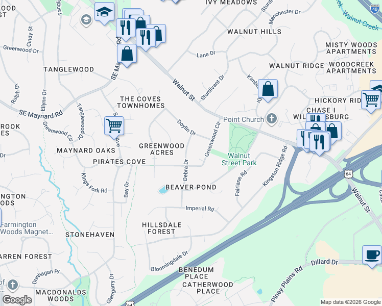 map of restaurants, bars, coffee shops, grocery stores, and more near 909 Greenwood Circle in Cary