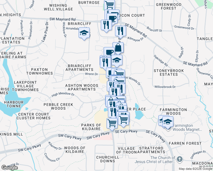 map of restaurants, bars, coffee shops, grocery stores, and more near 105 Charter Oaks Circle in Cary