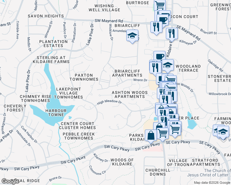 map of restaurants, bars, coffee shops, grocery stores, and more near 305 Dahlia Place in Cary