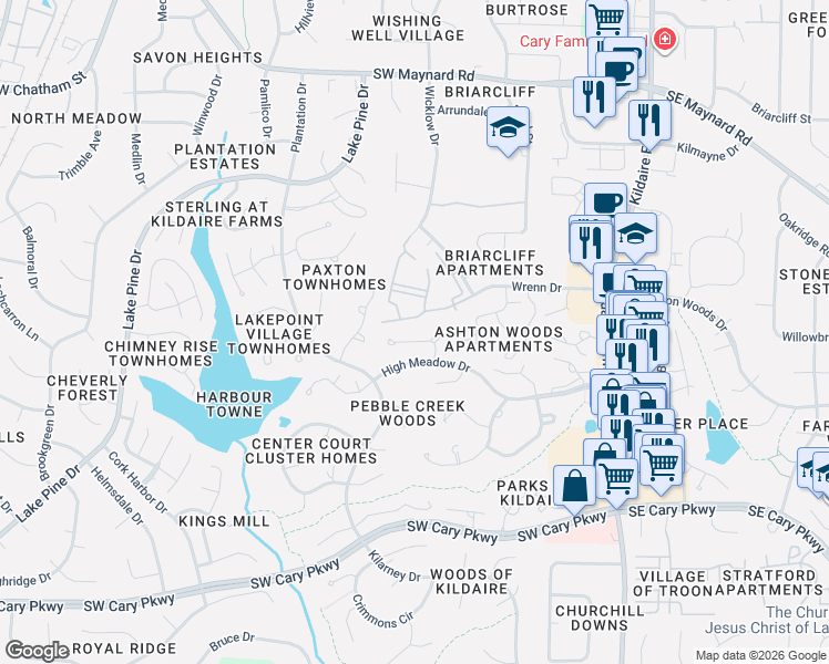 map of restaurants, bars, coffee shops, grocery stores, and more near 111 Winners Circle in Cary