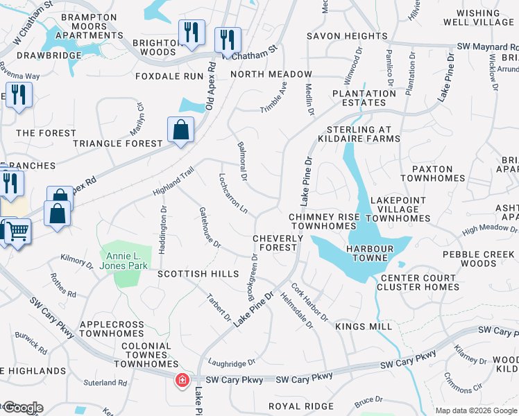 map of restaurants, bars, coffee shops, grocery stores, and more near 1113 Brookgreen Drive in Cary