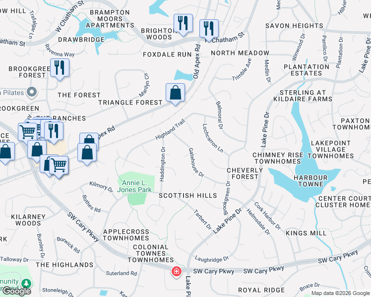map of restaurants, bars, coffee shops, grocery stores, and more near 1222 Gifford Court in Cary