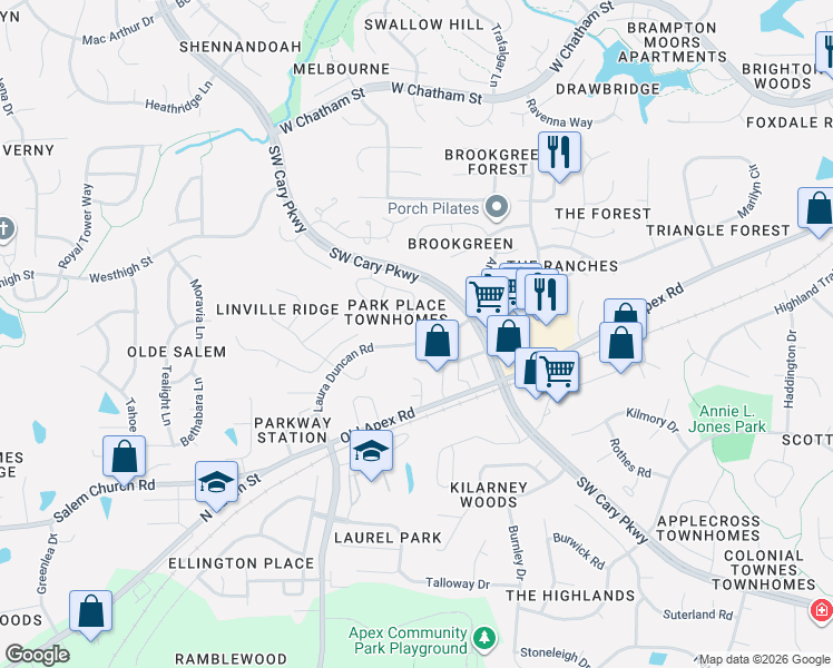 map of restaurants, bars, coffee shops, grocery stores, and more near 309 Center Pointe Drive in Cary