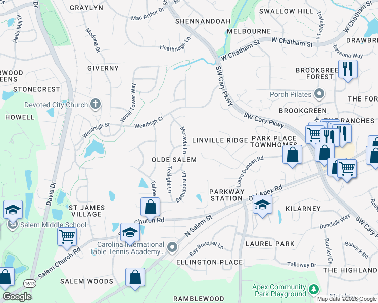 map of restaurants, bars, coffee shops, grocery stores, and more near 239 Lost Tree Lane in Cary
