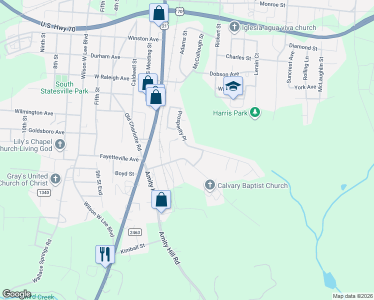 map of restaurants, bars, coffee shops, grocery stores, and more near 207 Whites Mill Road in Statesville