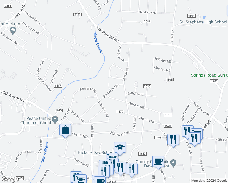 map of restaurants, bars, coffee shops, grocery stores, and more near 2532 23rd Street Drive Northeast in Hickory