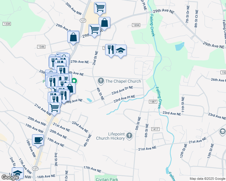 map of restaurants, bars, coffee shops, grocery stores, and more near 451 23rd Avenue Drive Northeast in Hickory