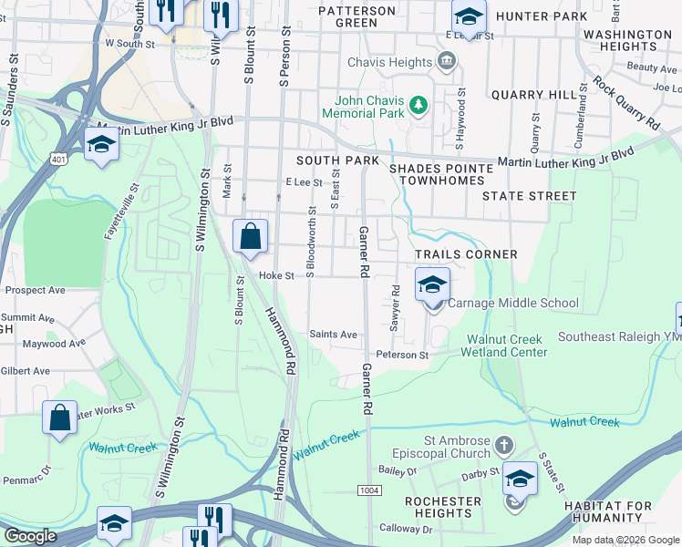 map of restaurants, bars, coffee shops, grocery stores, and more near 500 Hoke Street in Raleigh