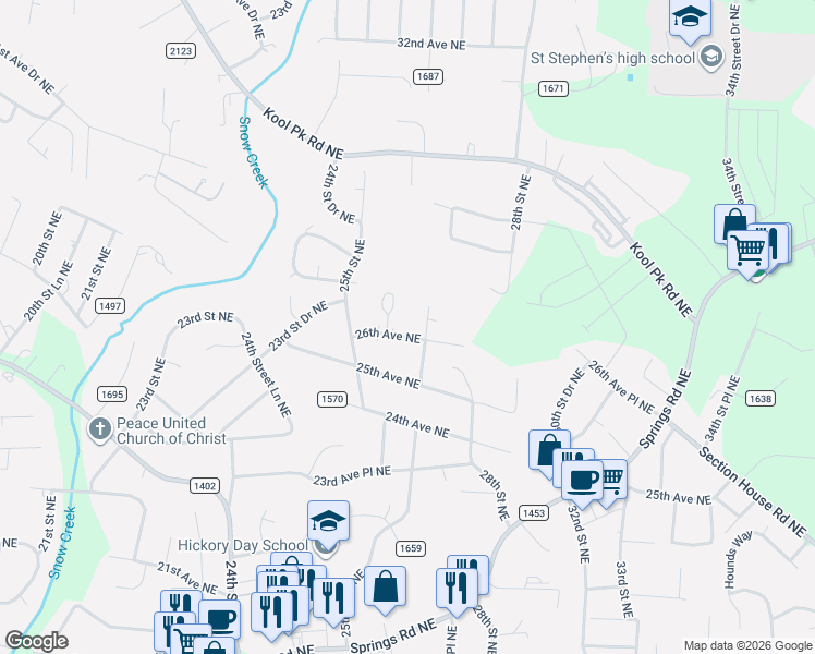 map of restaurants, bars, coffee shops, grocery stores, and more near 2612 26th Avenue Northeast in Hickory