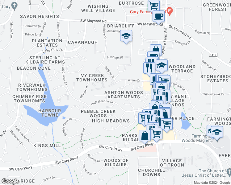 map of restaurants, bars, coffee shops, grocery stores, and more near 300 Dahlia Place in Cary