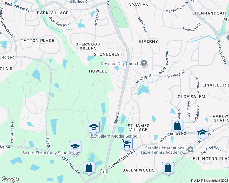 map of restaurants, bars, coffee shops, grocery stores, and more near 1301 Davis Drive in Apex