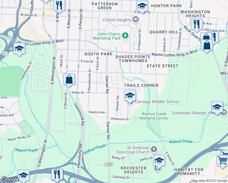 map of restaurants, bars, coffee shops, grocery stores, and more near 1416 Sawyer Road in Raleigh