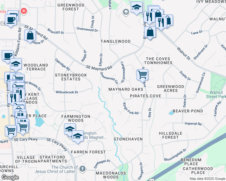 map of restaurants, bars, coffee shops, grocery stores, and more near 104 West Gerrell Court in Cary
