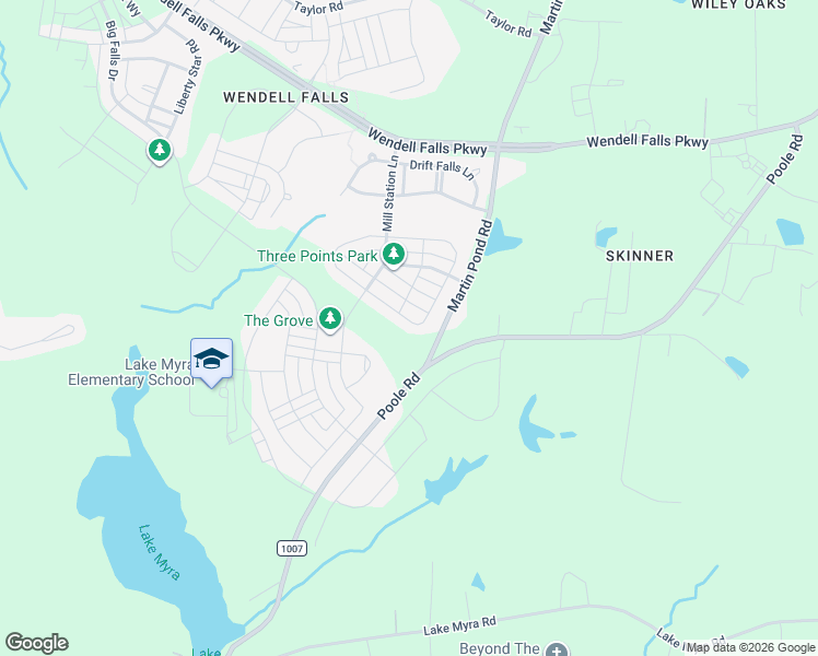 map of restaurants, bars, coffee shops, grocery stores, and more near 633 Groveview Wynd in Wendell