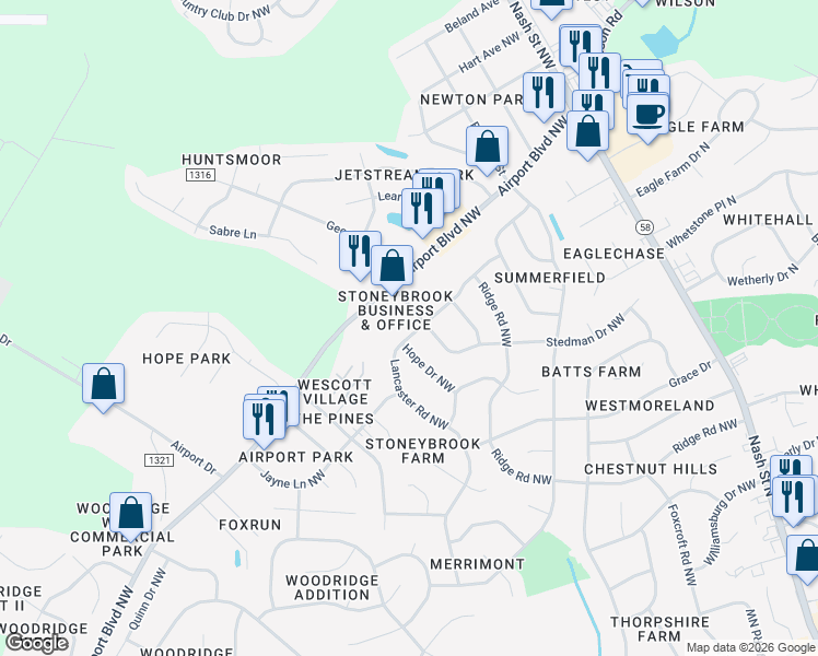 map of restaurants, bars, coffee shops, grocery stores, and more near 2813-2899 Hope Drive Northwest in Wilson