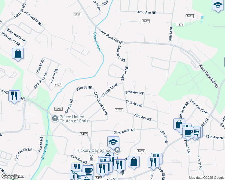 map of restaurants, bars, coffee shops, grocery stores, and more near 2532 23rd Street Drive Northeast in Hickory