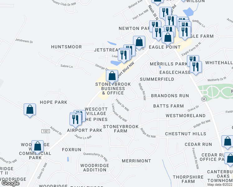 map of restaurants, bars, coffee shops, grocery stores, and more near 2833 Lancaster Road Northwest in Wilson