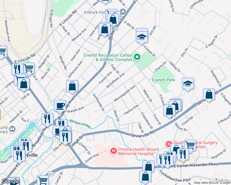 map of restaurants, bars, coffee shops, grocery stores, and more near 1229 Morningside Avenue in Maryville