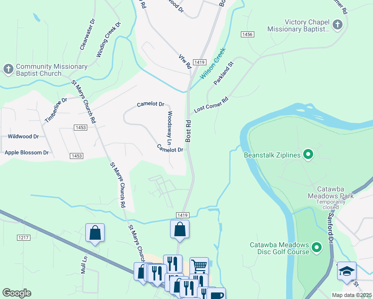 map of restaurants, bars, coffee shops, grocery stores, and more near 102 Camelot Drive in Morganton