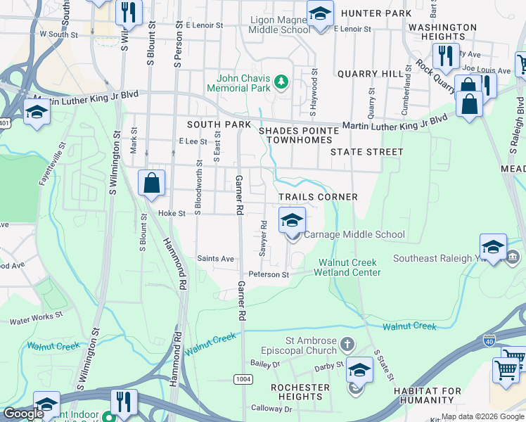 map of restaurants, bars, coffee shops, grocery stores, and more near 1416 Sawyer Road in Raleigh