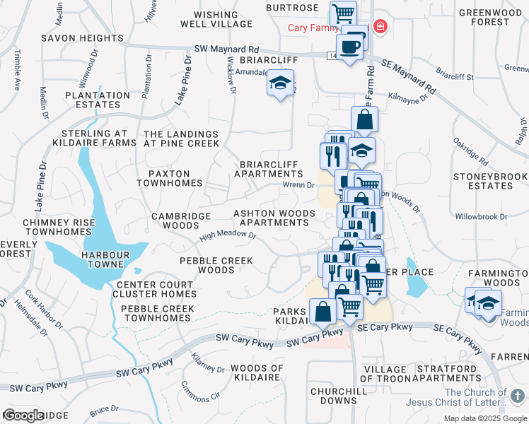 map of restaurants, bars, coffee shops, grocery stores, and more near 203 Ashton Place in Cary
