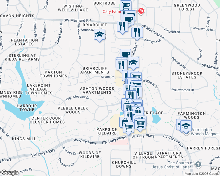 map of restaurants, bars, coffee shops, grocery stores, and more near 223 Twin Oaks Place in Cary