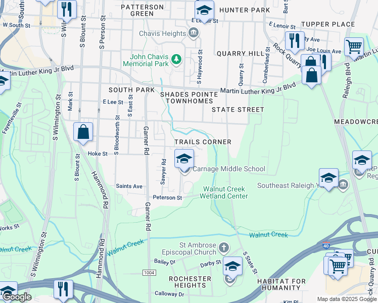 map of restaurants, bars, coffee shops, grocery stores, and more near 1418 Carnage Drive in Raleigh