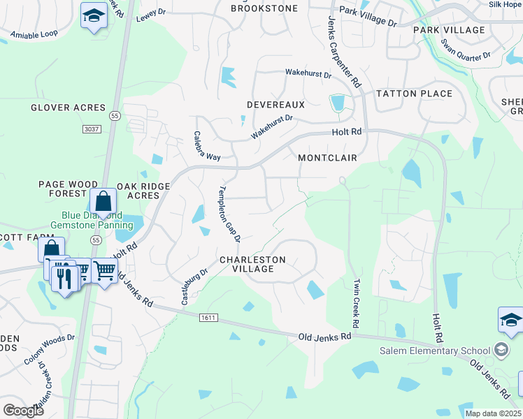 map of restaurants, bars, coffee shops, grocery stores, and more near 1256 Hill Hollow Way in Apex