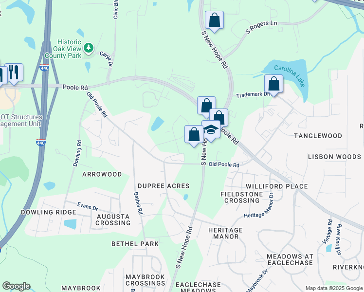 map of restaurants, bars, coffee shops, grocery stores, and more near 1009 Ridge Rock Road in Raleigh