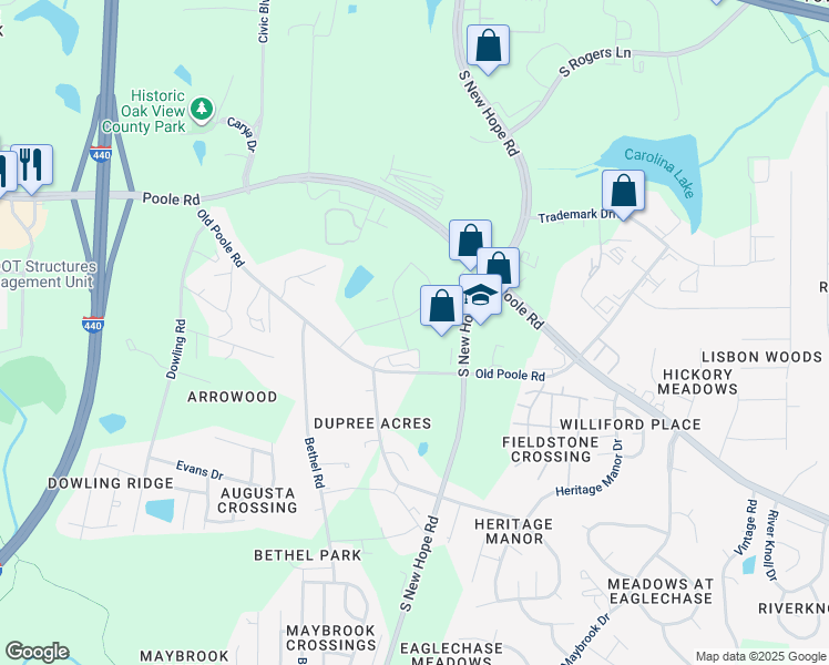 map of restaurants, bars, coffee shops, grocery stores, and more near 1009 Ridge Rock Road in Raleigh