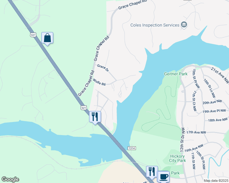 map of restaurants, bars, coffee shops, grocery stores, and more near 5283 Pineview Court in Hickory
