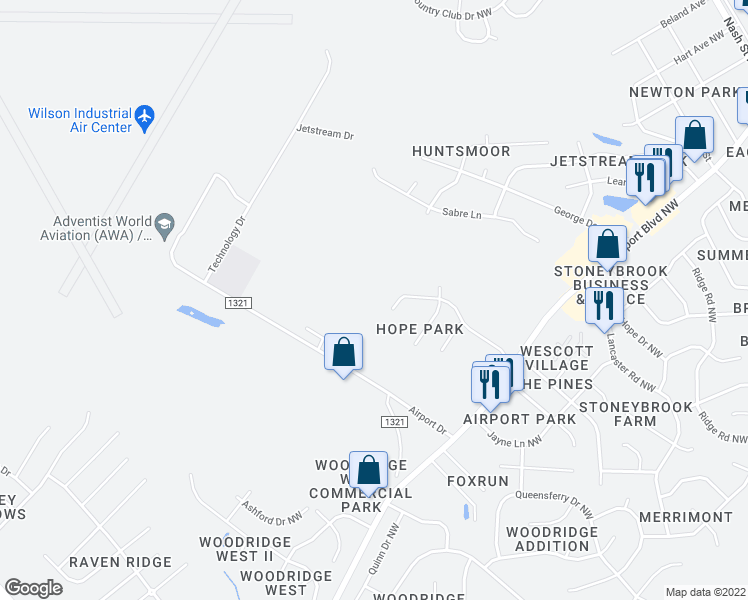 map of restaurants, bars, coffee shops, grocery stores, and more near 3814 Chase Road Northwest in Wilson