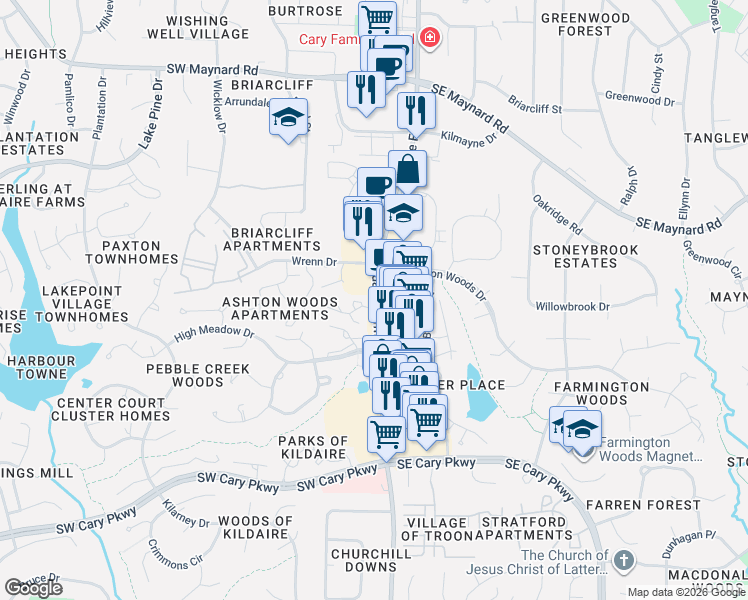 map of restaurants, bars, coffee shops, grocery stores, and more near 1231 Kildaire Farm Road in Cary
